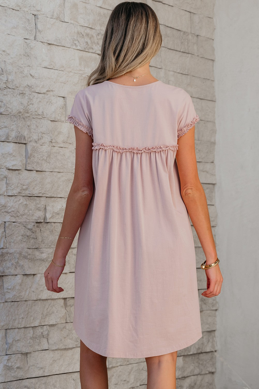Frilled Trim Crew Neck Loose Fit Mini Dress