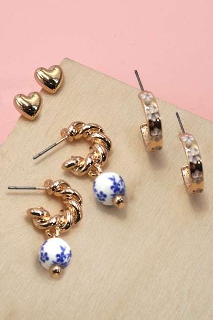 Blue Ceramic Porcelain Trio Huggie Hoop Earrings