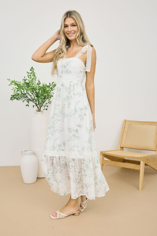 POLKA DOT FLORAL EYELET LACE TRIM MIDI DRESS