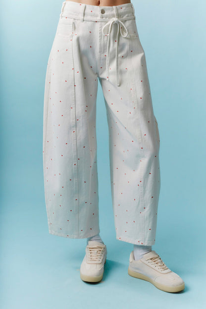 Mini Bow Print Washed Barrel Jeans