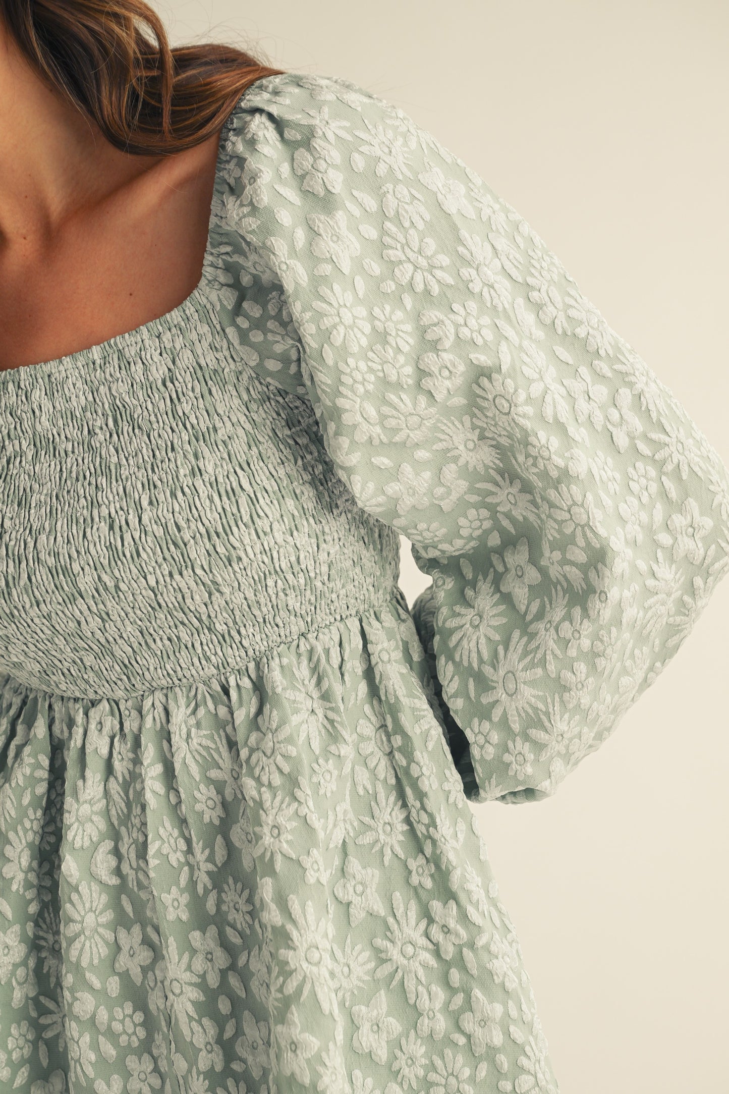 Jacquard Luxe Floral Smocked Baby Doll Dress