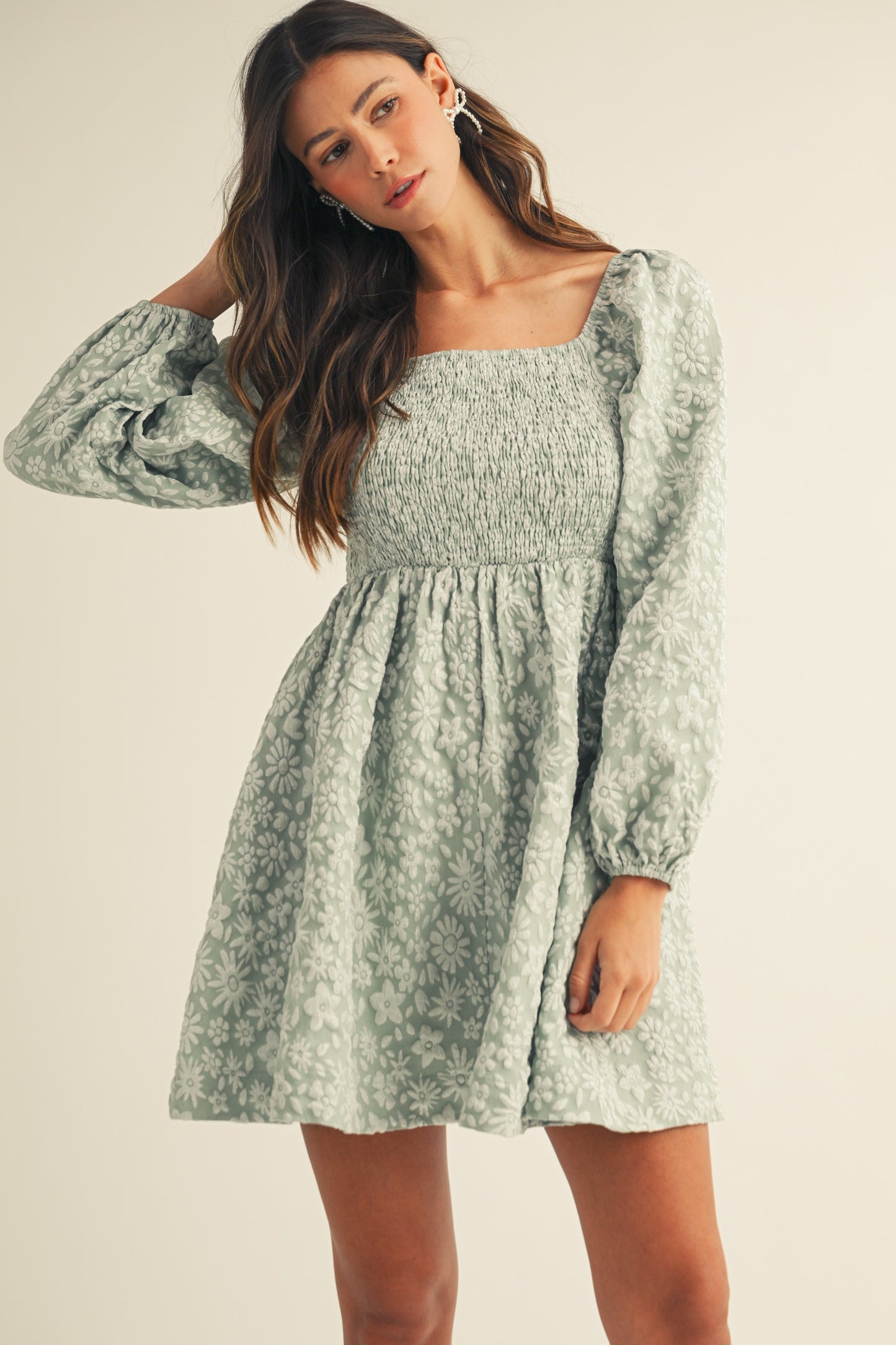 Jacquard Luxe Floral Smocked Baby Doll Dress