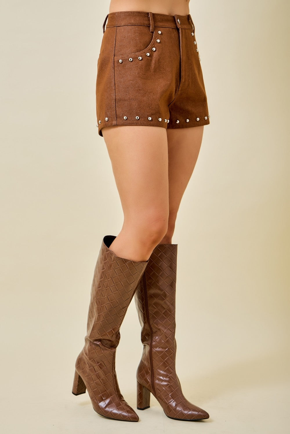 High Waisted Denim Shorts With Metal Stud Detail