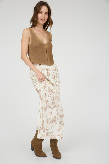 Western Lace Trim Midi Skirt