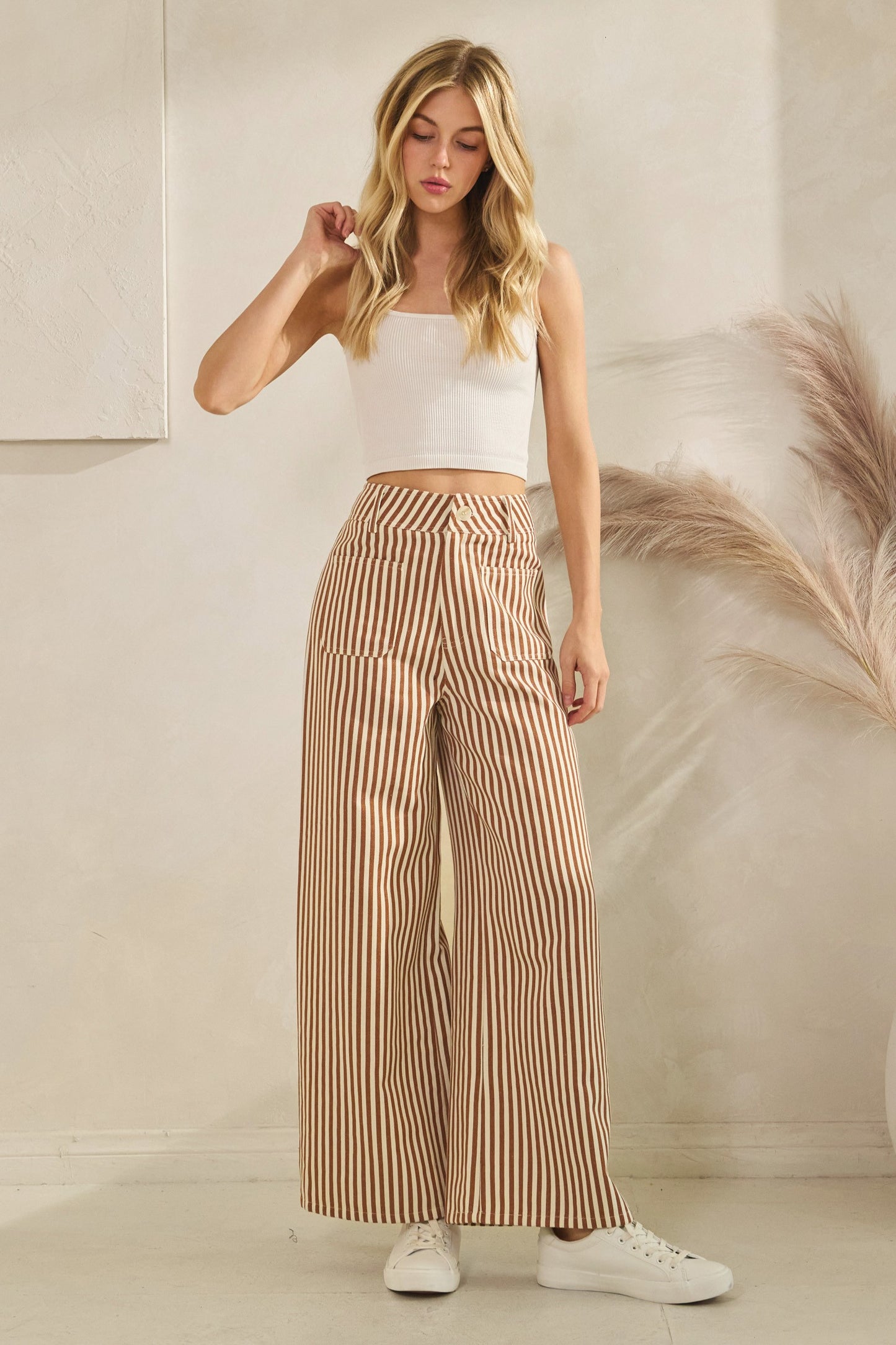 Lightweight Twill Camel Stripe Wide Leg Pants