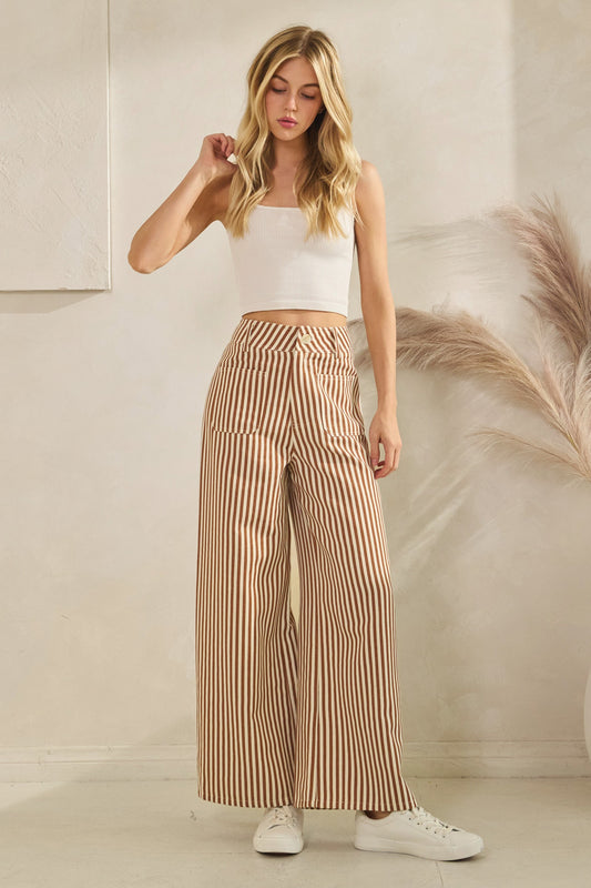 Lightweight Twill Camel Stripe Wide Leg Pants