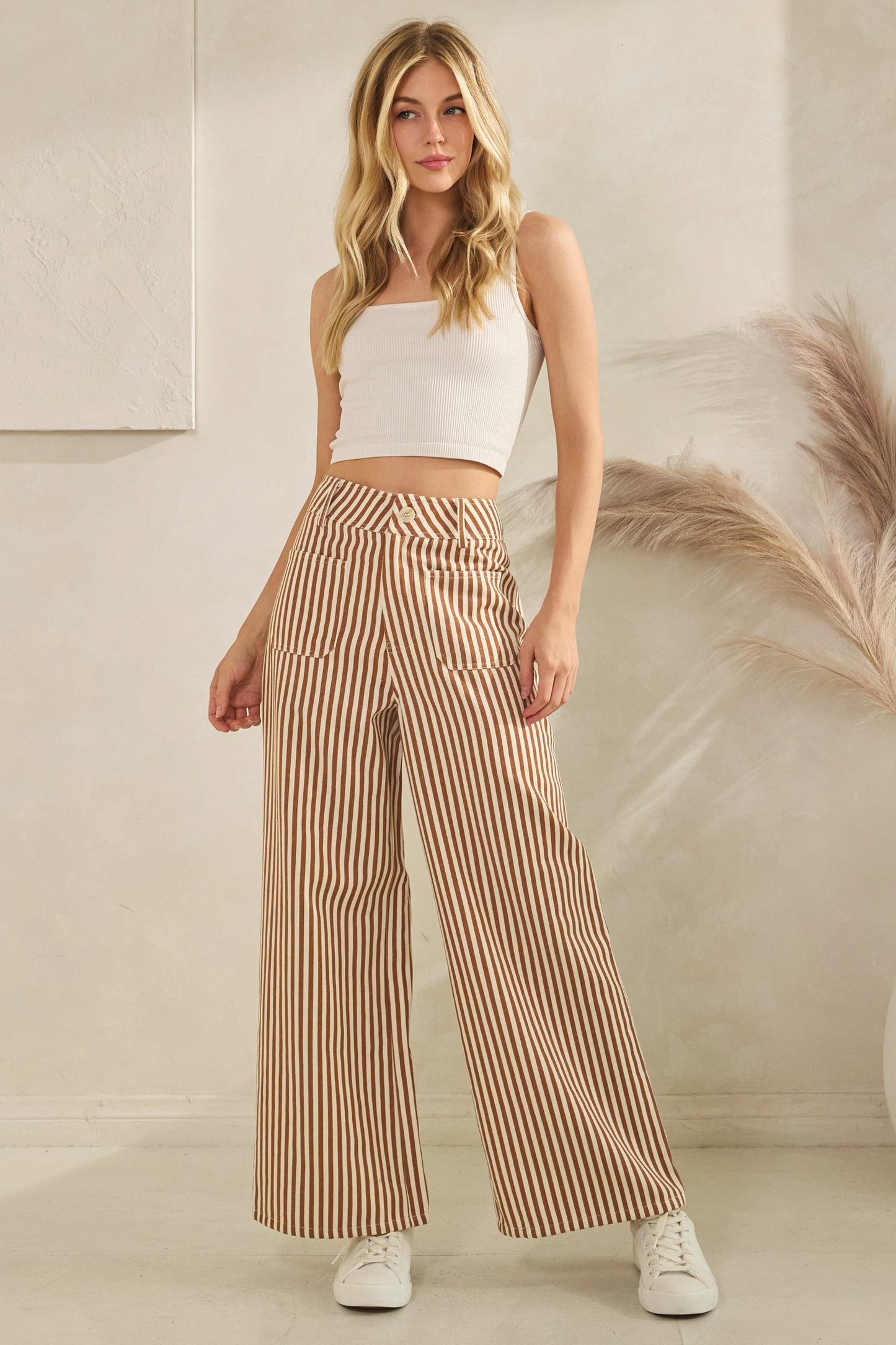 Lightweight Twill Camel Stripe Wide Leg Pants