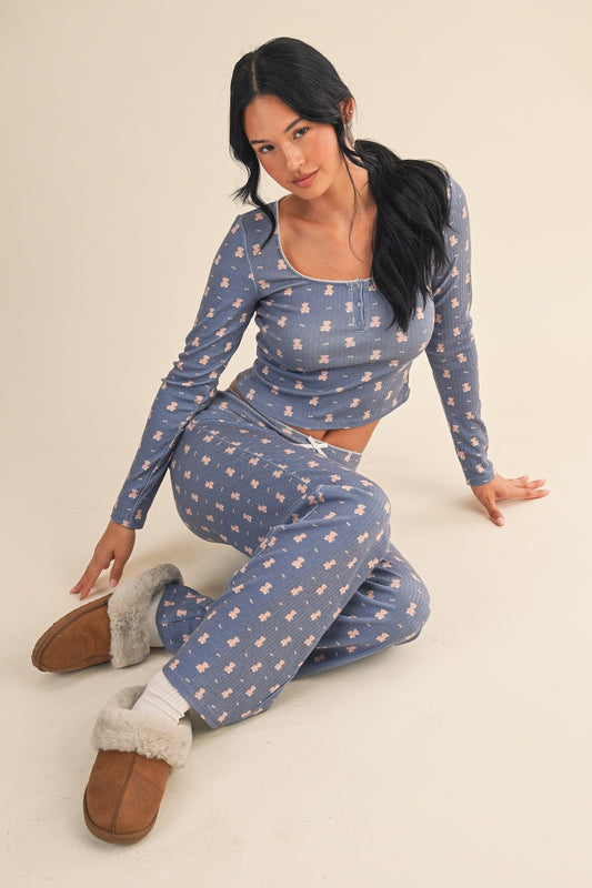Teddy Bear Print Pointelle Lounge Set