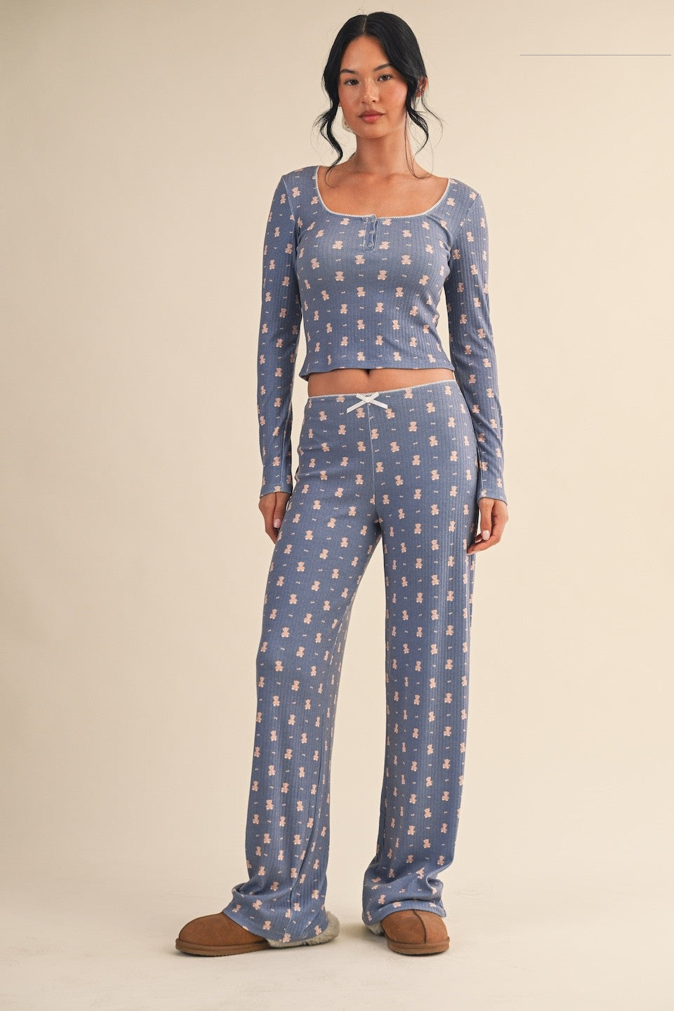 Teddy Bear Print Pointelle Lounge Set
