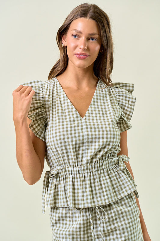 Ginham Ruffle Top With Side Tie