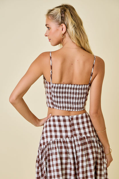 Gingham Crop Top W/ Smockings & Adjustable Straps