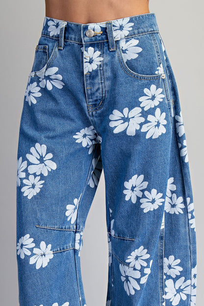 Floral Printed Barrel Jeans