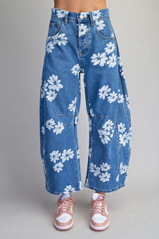 Floral Printed Barrel Jeans