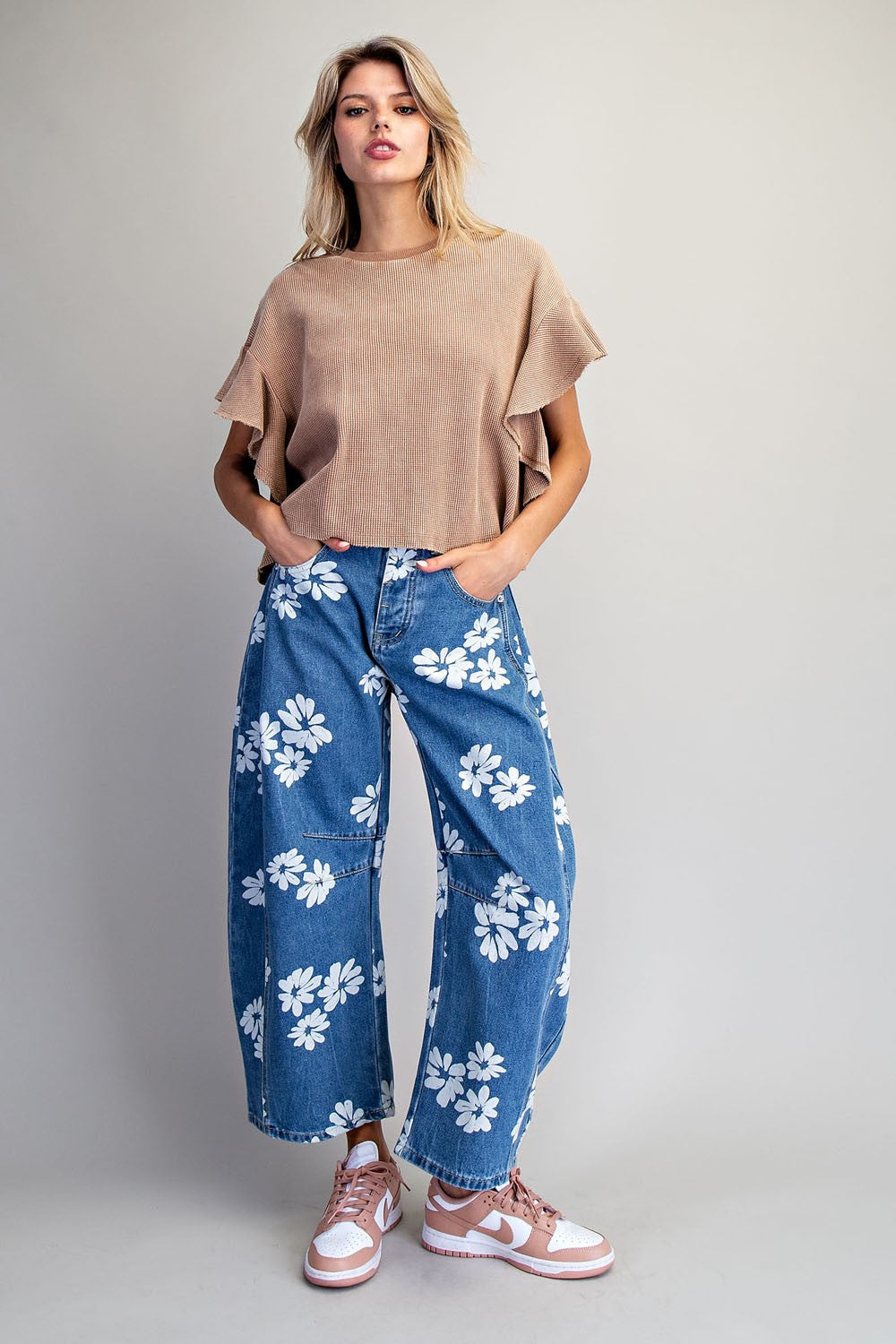 Floral Printed Barrel Jeans