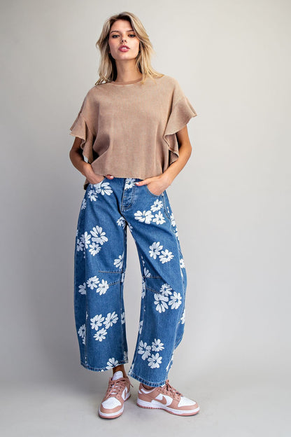 Floral Printed Barrel Jeans