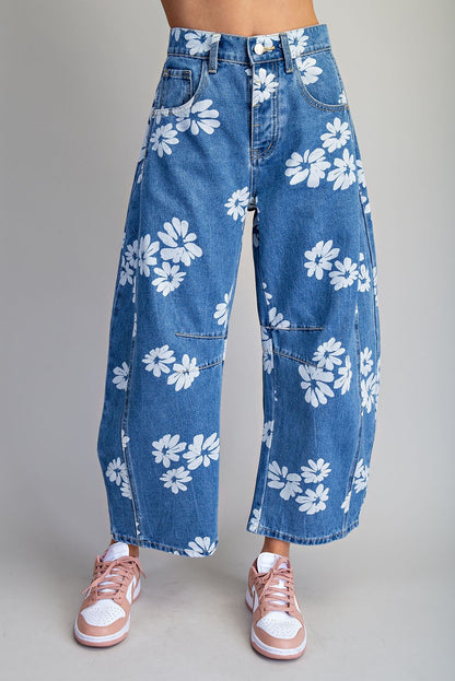 Floral Printed Barrel Jeans