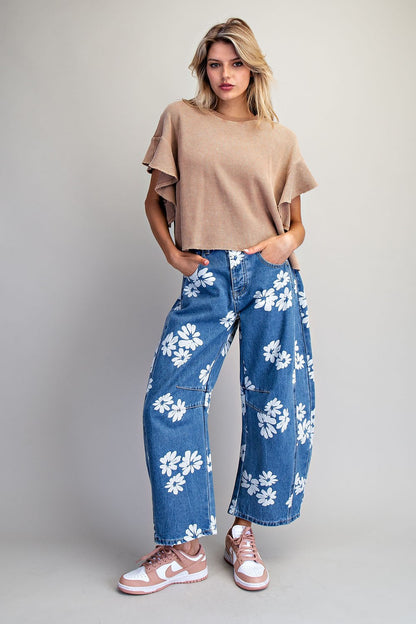 Floral Printed Barrel Jeans