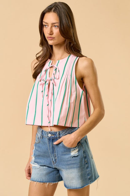 Stripe Print Sleeveless Pleated Front Tie Top