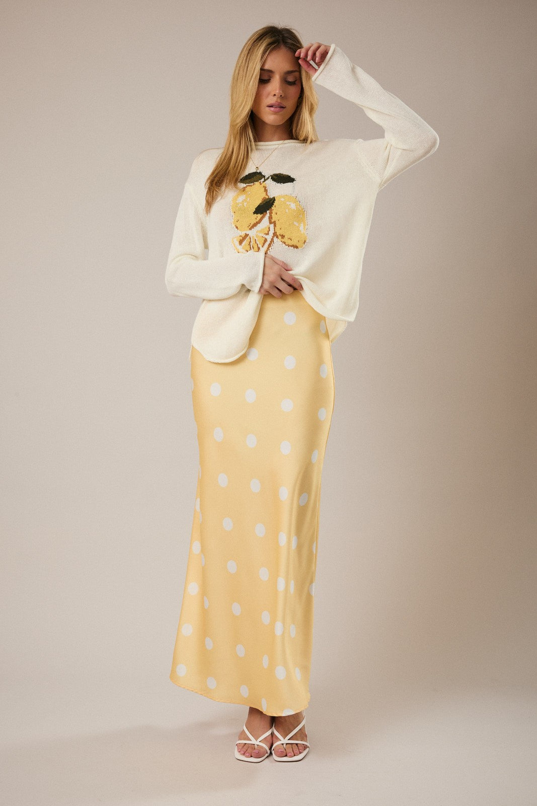 Yellow Polka Dot Satin Midi Skirt