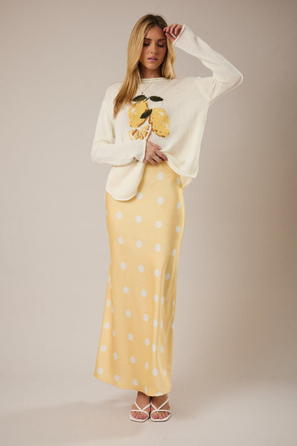 Yellow Polka Dot Satin Midi Skirt