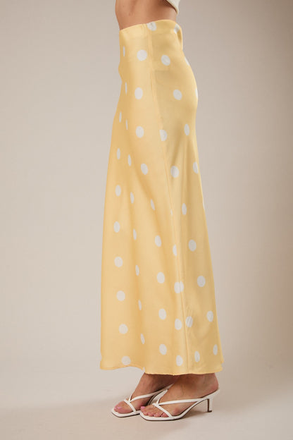 Yellow Polka Dot Satin Midi Skirt