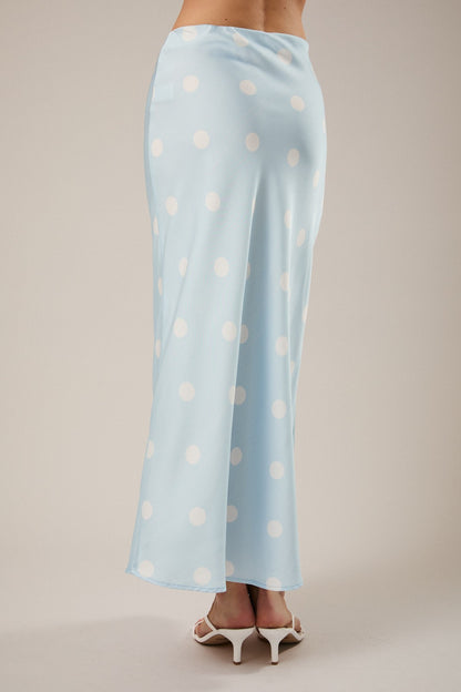 Blue Satin Polka Dot Midi Skirt