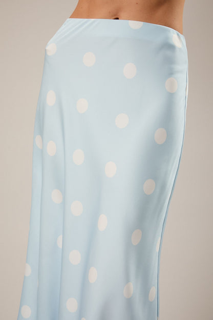 Blue Satin Polka Dot Midi Skirt