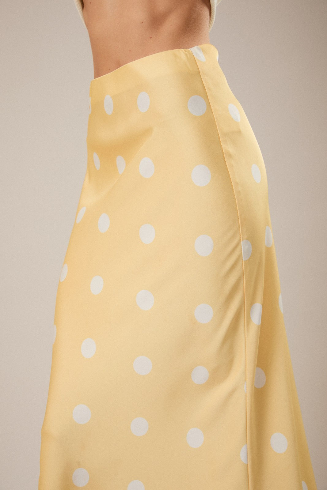 Yellow Polka Dot Satin Midi Skirt