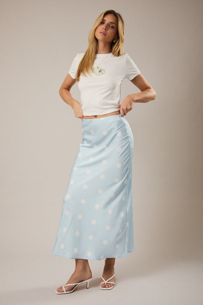 Blue Satin Polka Dot Midi Skirt