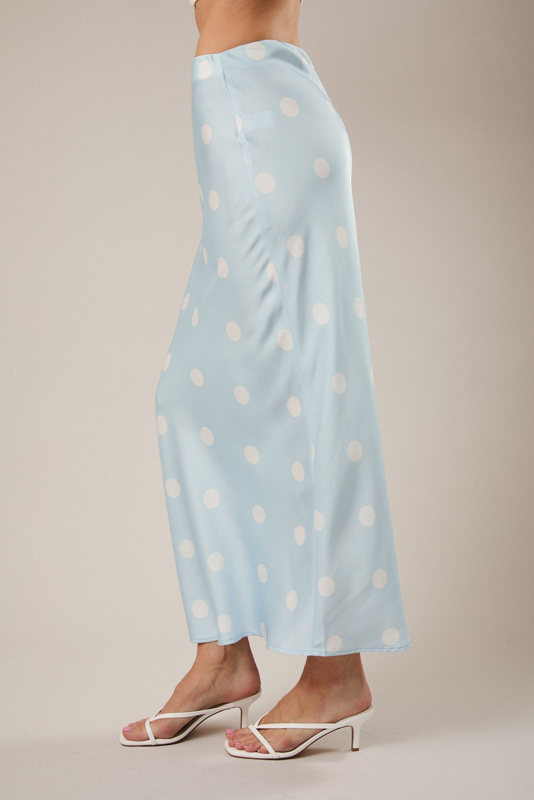 Blue Satin Polka Dot Midi Skirt