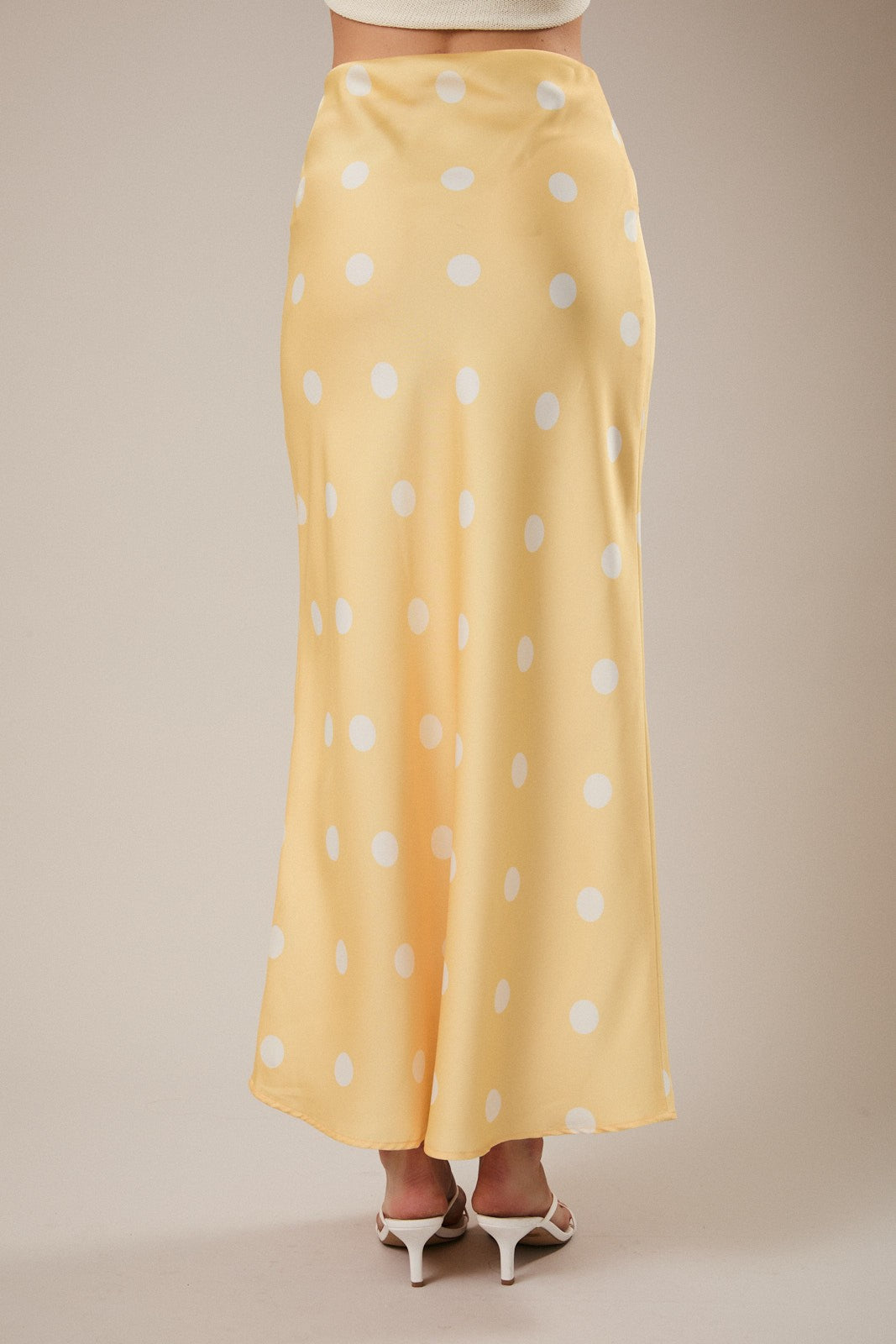 Yellow Polka Dot Satin Midi Skirt