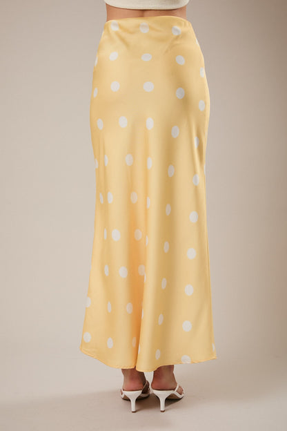 Yellow Polka Dot Satin Midi Skirt