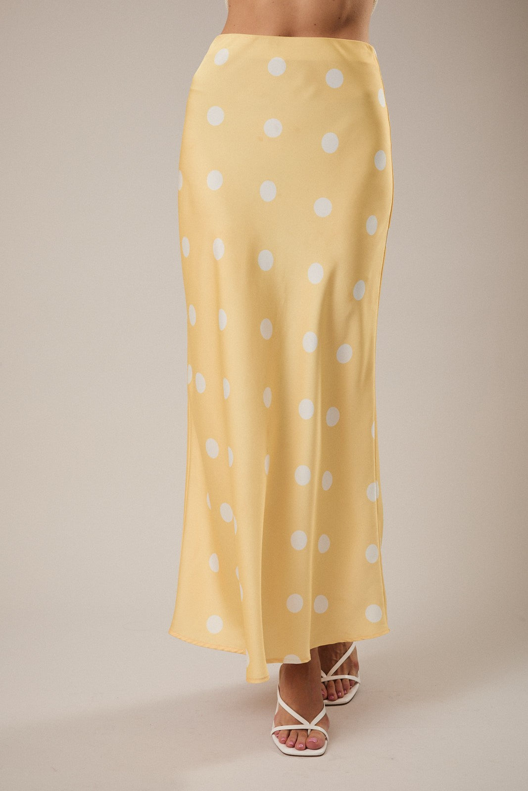 Yellow Polka Dot Satin Midi Skirt