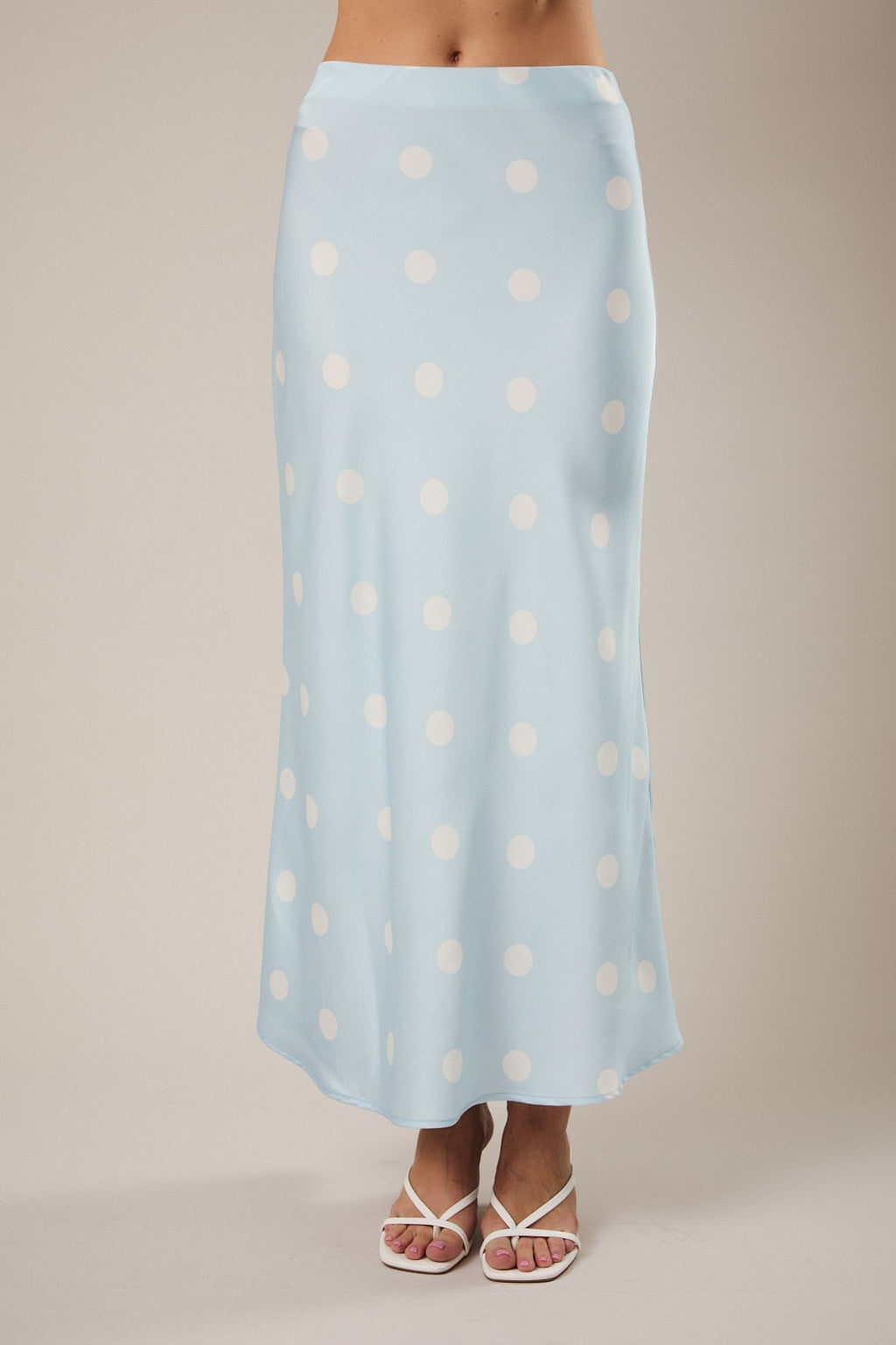 Blue Satin Polka Dot Midi Skirt