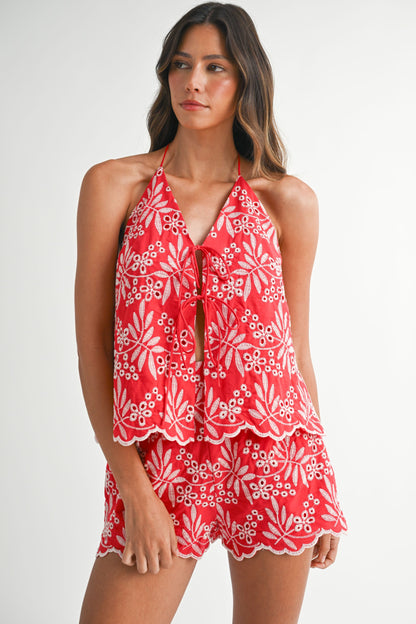 Embroidered Eyelet Halter Neck Top And Shorts Set