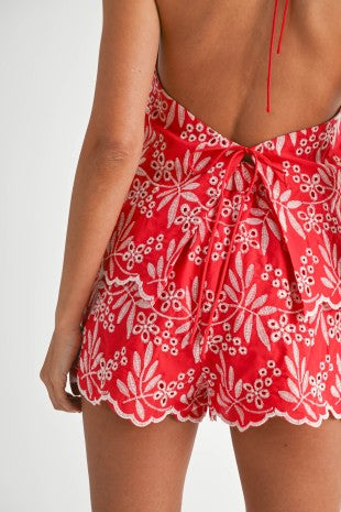 Embroidered Eyelet Halter Neck Top And Shorts Set