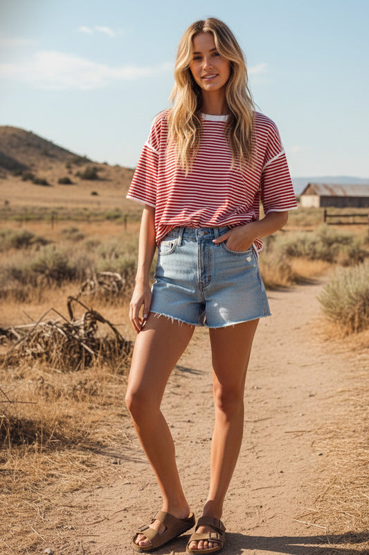 Striped Oversized Knit Top Red & White