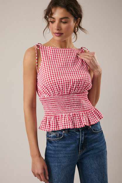 Red Gingham Smocked Plaid Top
