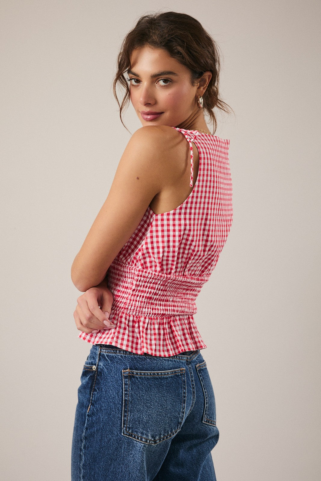 Red Gingham Smocked Plaid Top
