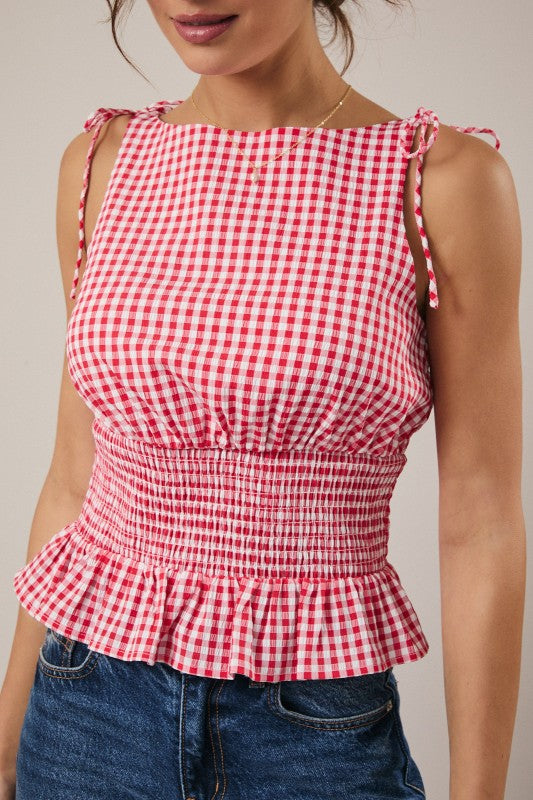 Red Gingham Smocked Plaid Top