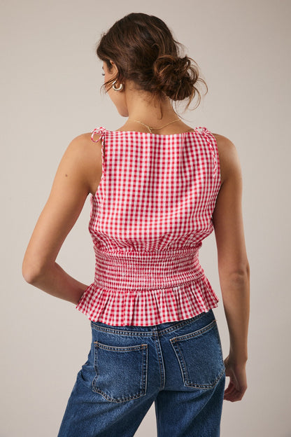 Red Gingham Smocked Plaid Top