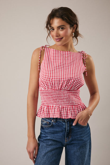 Red Gingham Smocked Plaid Top