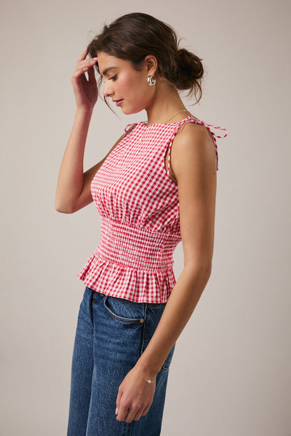 Red Gingham Smocked Plaid Top
