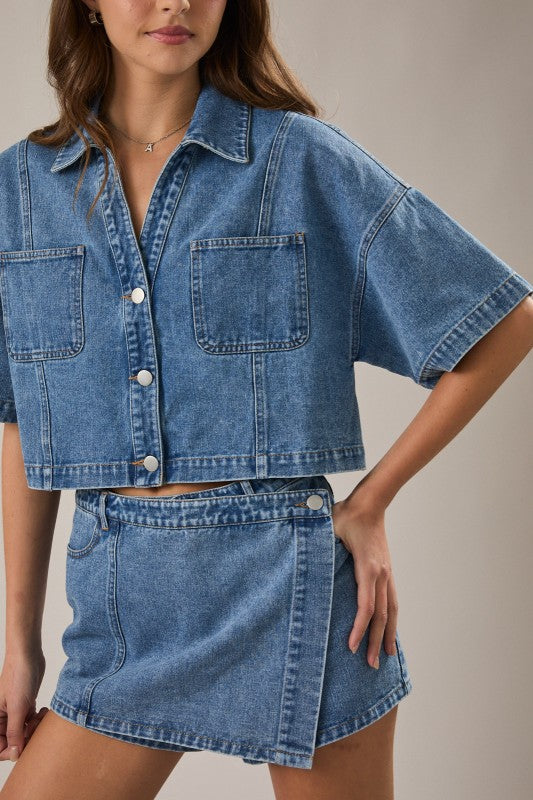 Denim Crop Shirt w/ Denim Wrap Skort