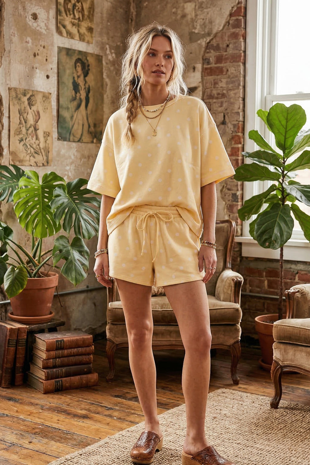 Polka Dot Relaxed Fit Heavy Scuba Top And Shorts Set Butter Yellow