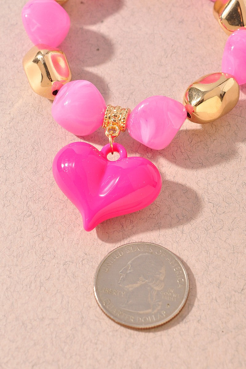 Puffy Heart Beaded Bracelet Hot Pink