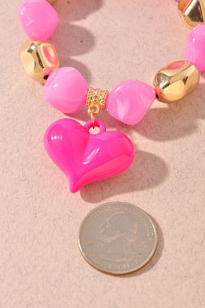 Puffy Heart Beaded Bracelet Hot Pink