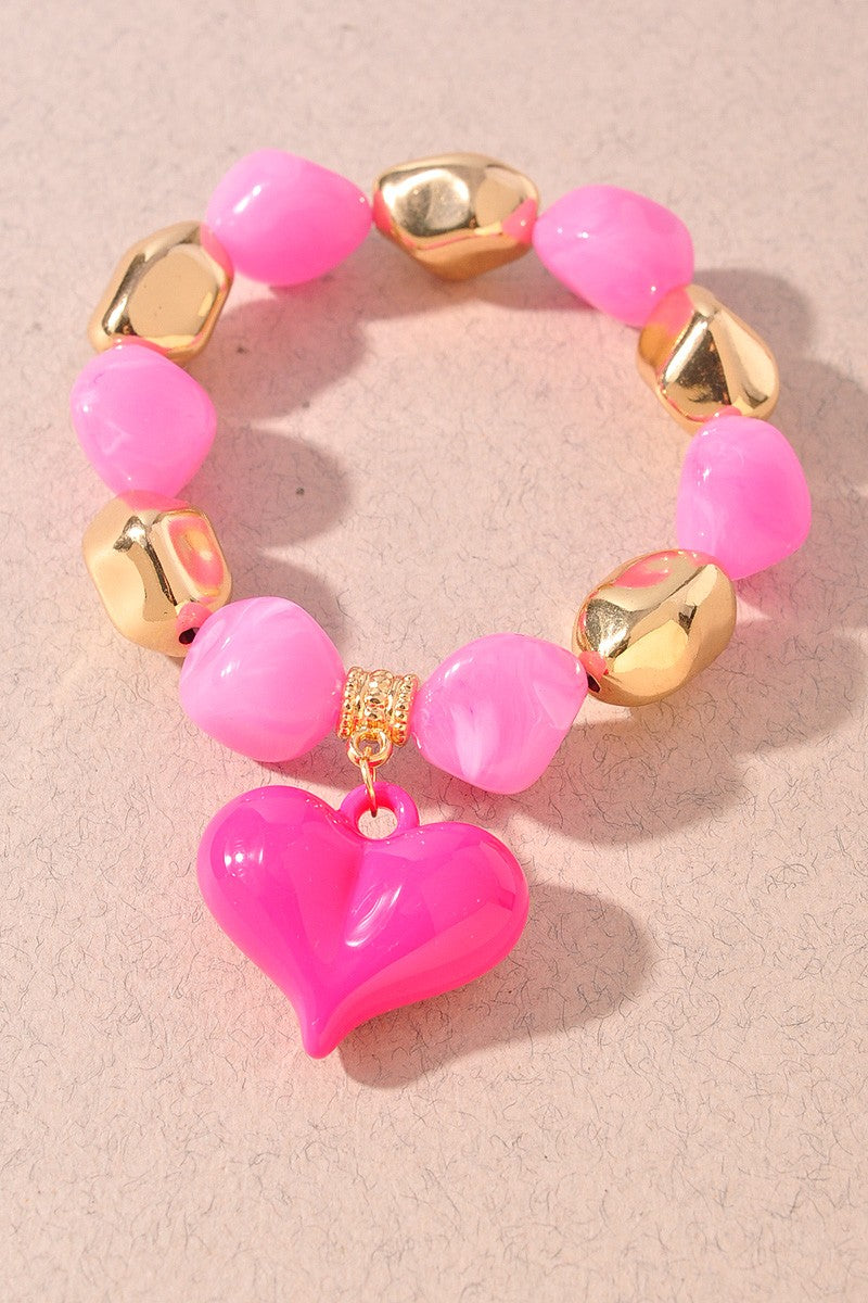 Puffy Heart Beaded Bracelet Hot Pink