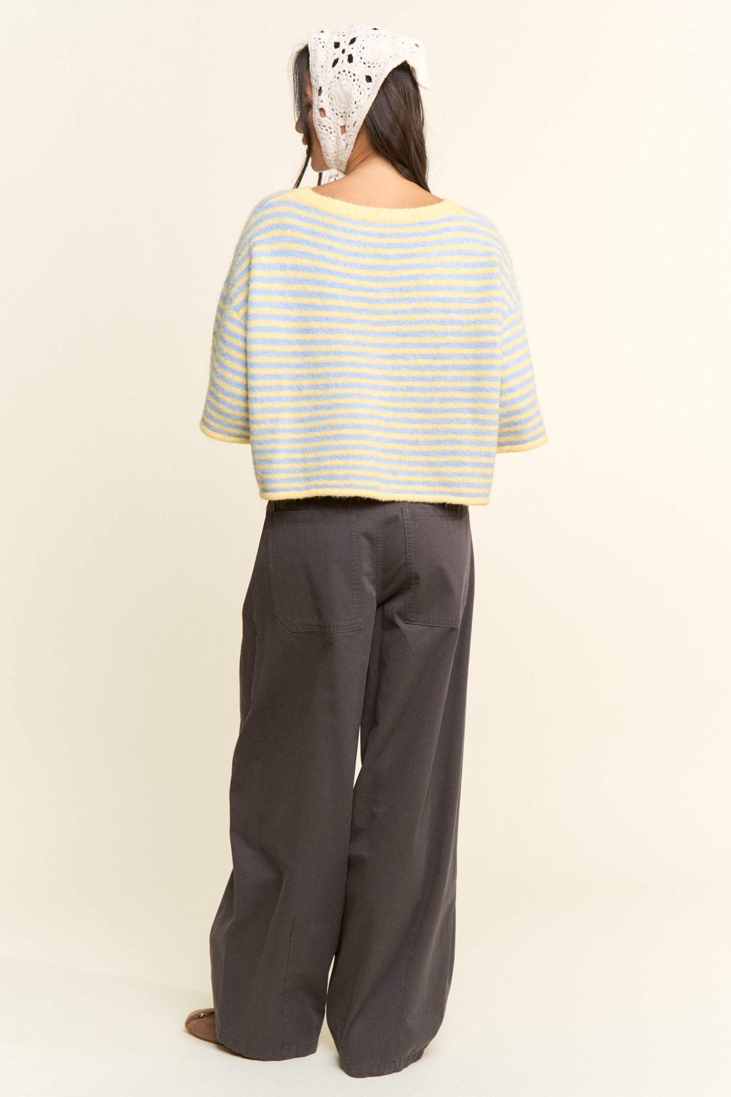 Multi Striped Cropped Soft Knit Cardigan Blue/Yellow