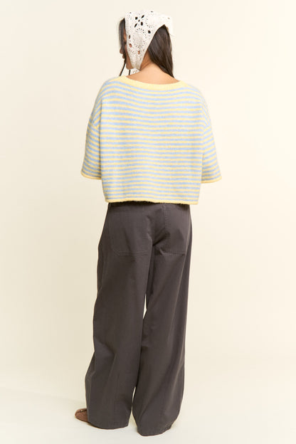 Multi Striped Cropped Soft Knit Cardigan Blue/Yellow